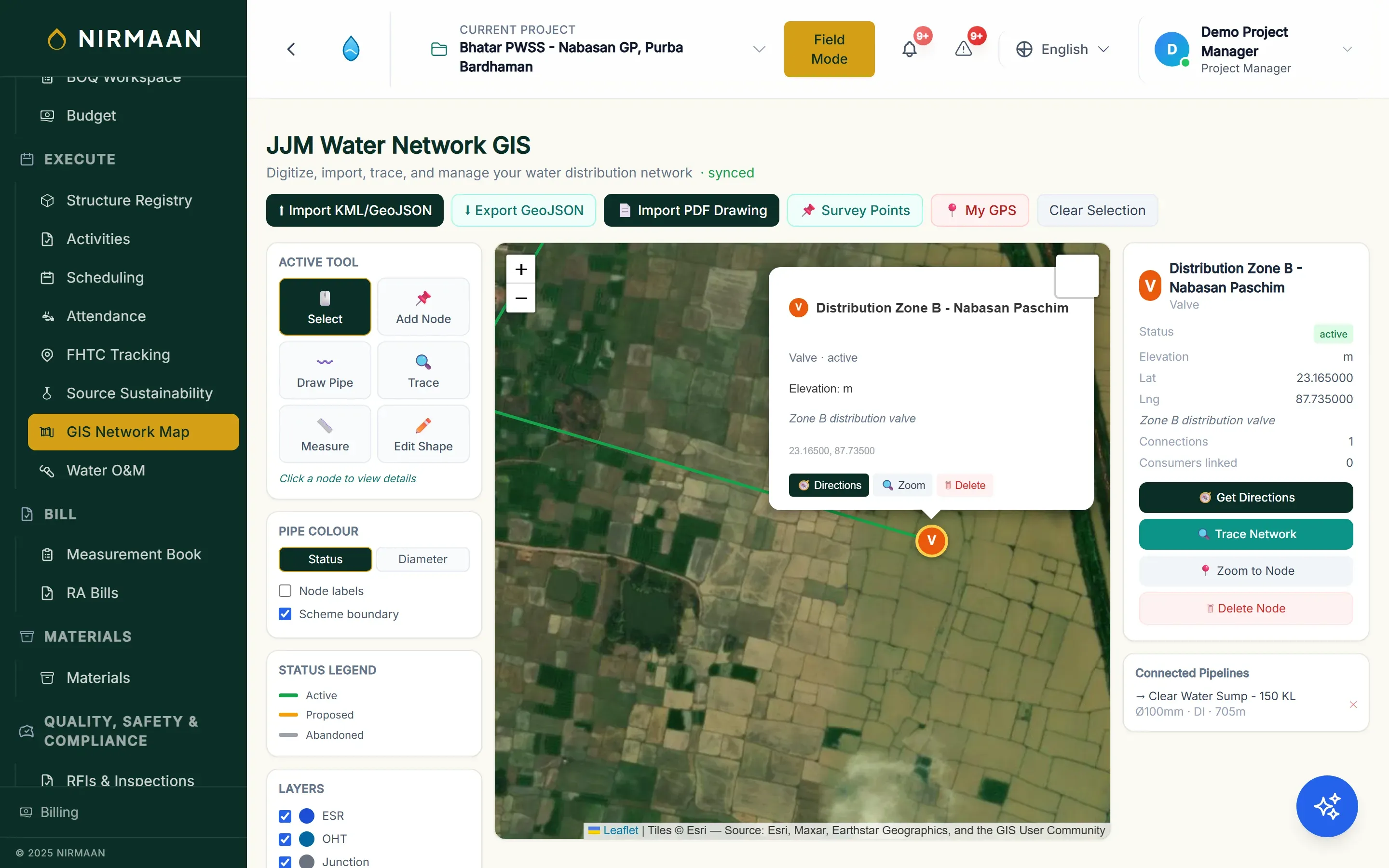 NIRMAAN GIS network map showing pipeline alignment and connection points for a water supply scheme