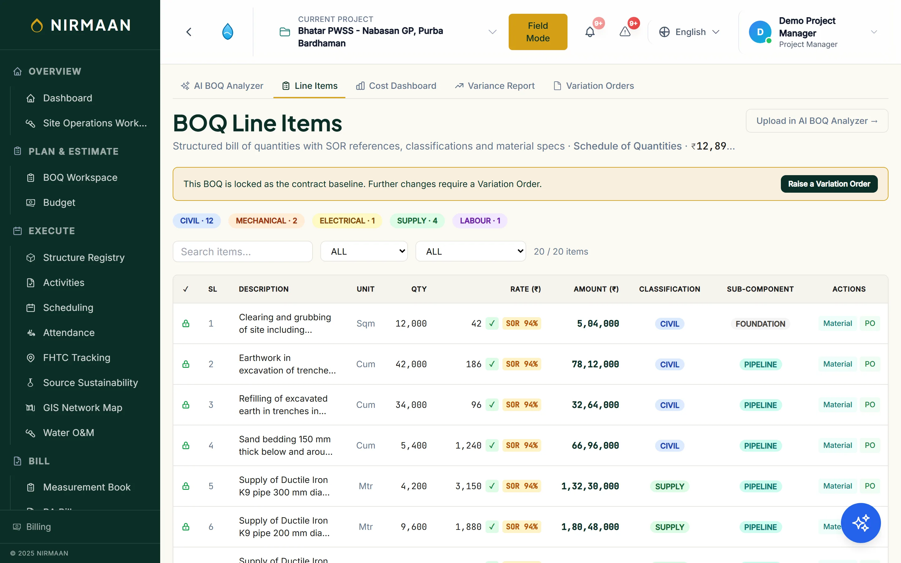 NIRMAAN BOQ workspace listing line items with rates and executed quantities