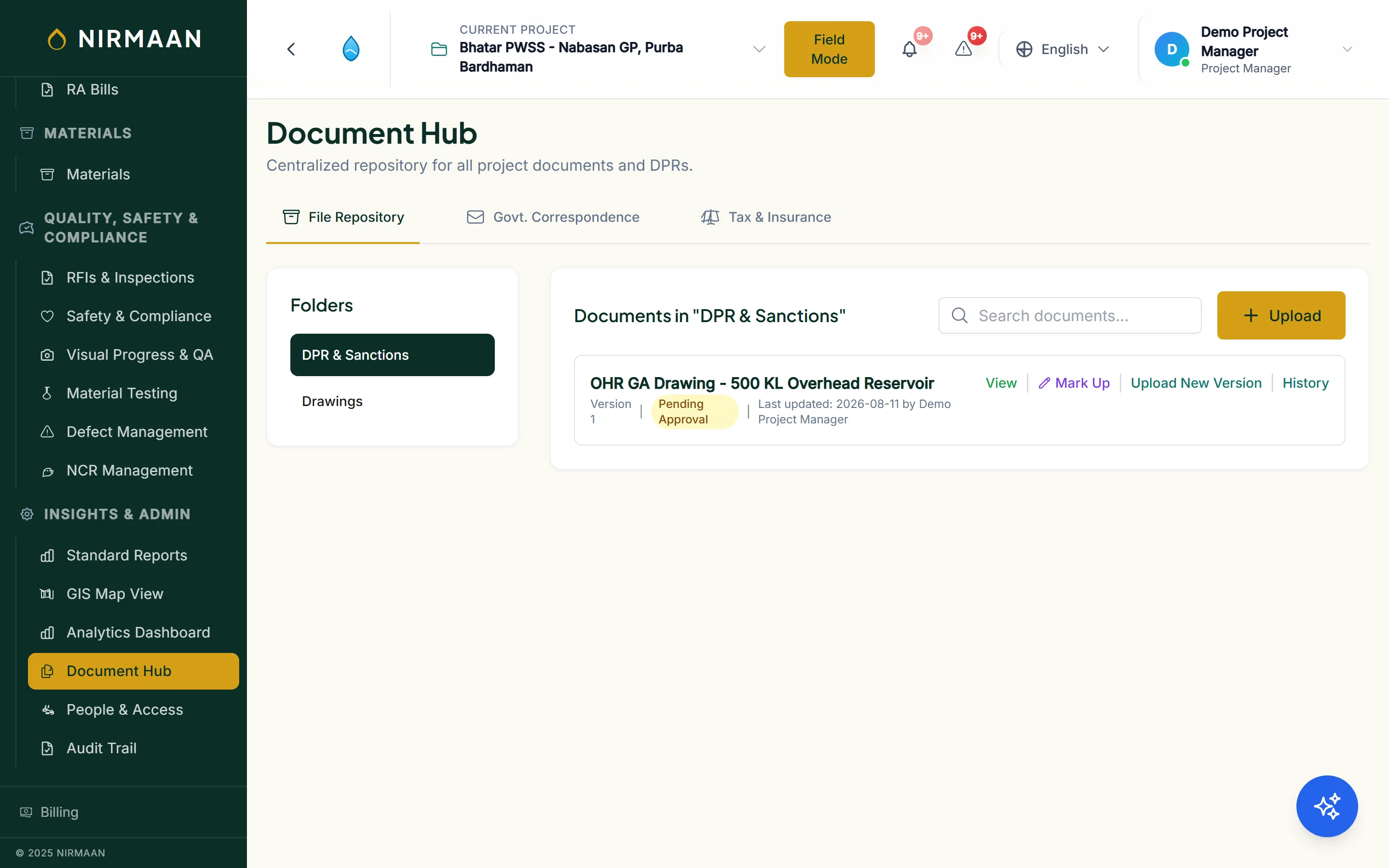NIRMAAN document hub showing extracted values from a construction drawing awaiting review