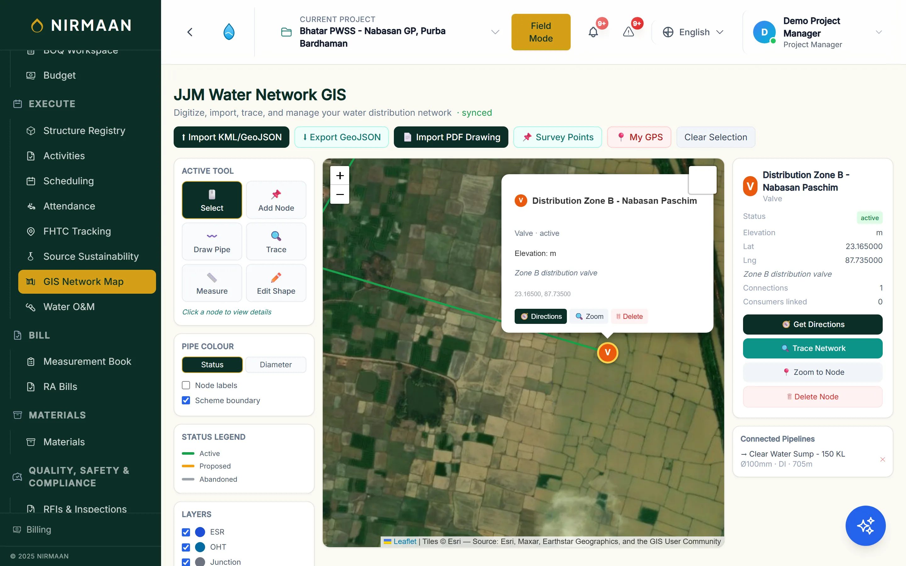 NIRMAAN GIS network map showing pipeline alignment and connection points for a water supply scheme